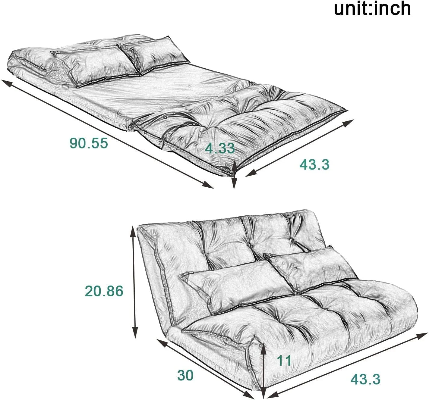 Adjustable Floor Sofa Bed with 2 Pillows, 5 Reclining Position, Black P554943