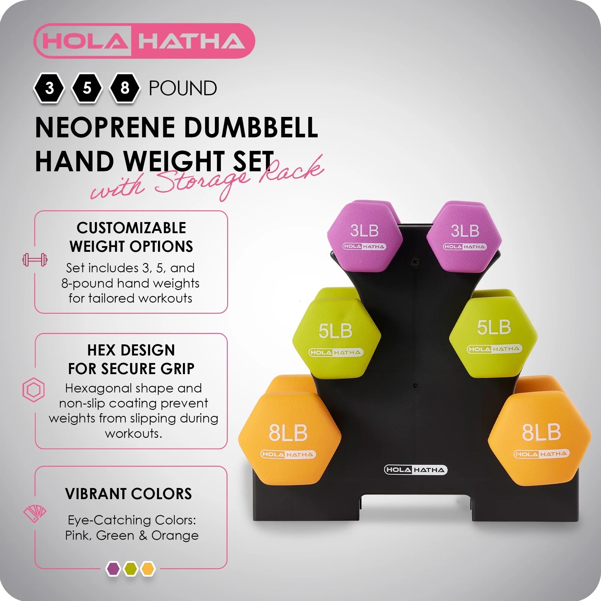 3, 5, and 8 Pound Dumbbell Hand Weight Set with Storage Rack P3401