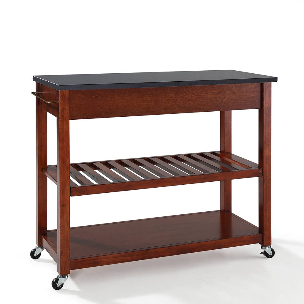 Solid Black Granite Top Kitchen Cart with Stool Storage Y5691