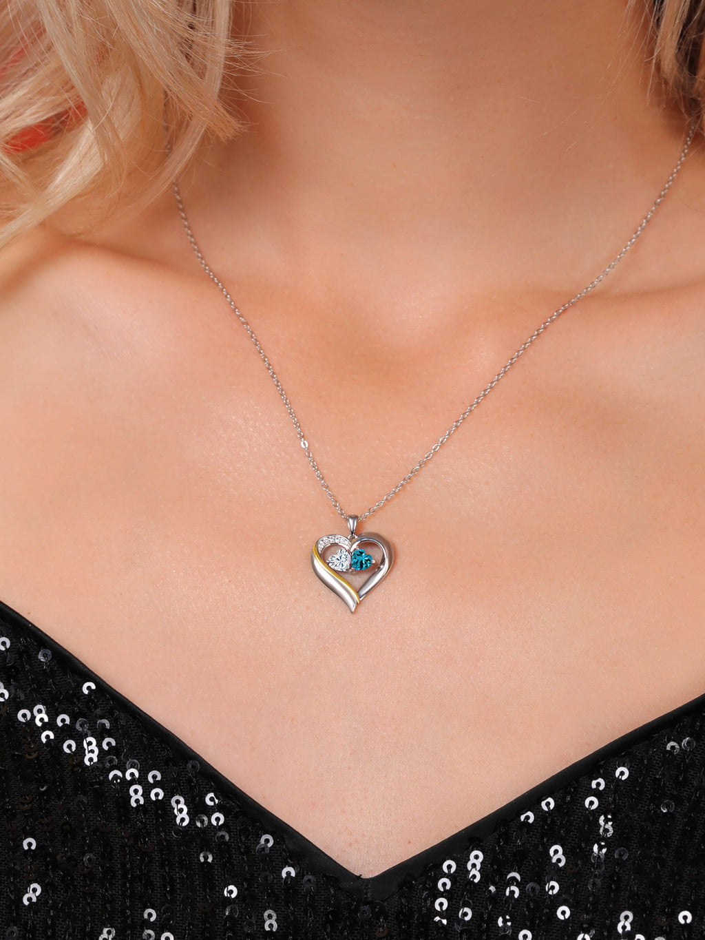 925 Silver 10K Yellow Gold Heart Shape Lab Grown Diamond Pendant Necklace with White Moissanite and London Blue Topaz (1.08 Cttw, Double Heart, 18 inch Chain) C821980