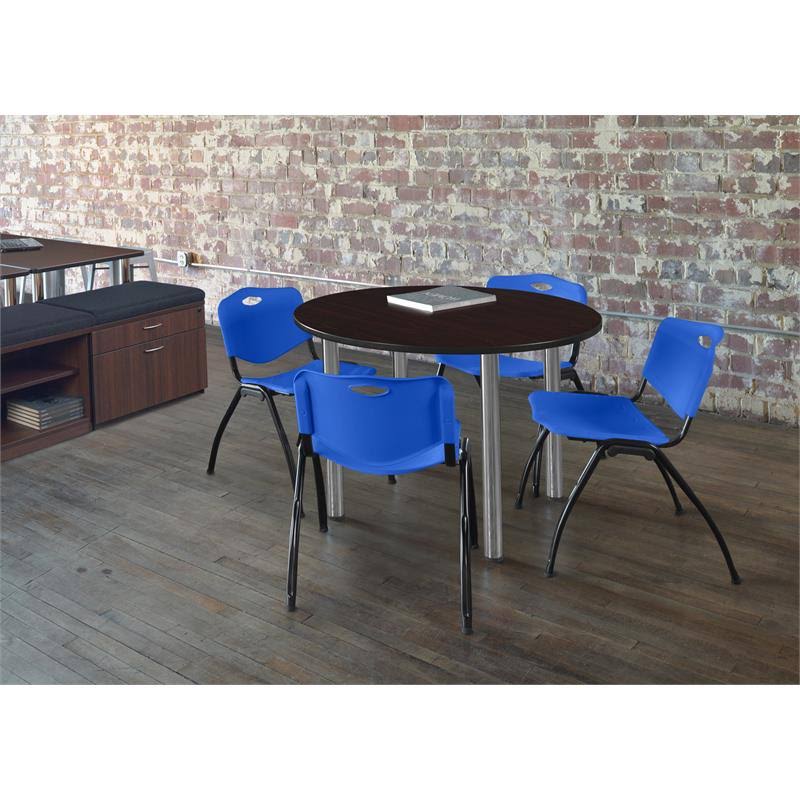 36x22 Round Breakroom Table Maple Chrome with 4 Stack Chairs Black S994329