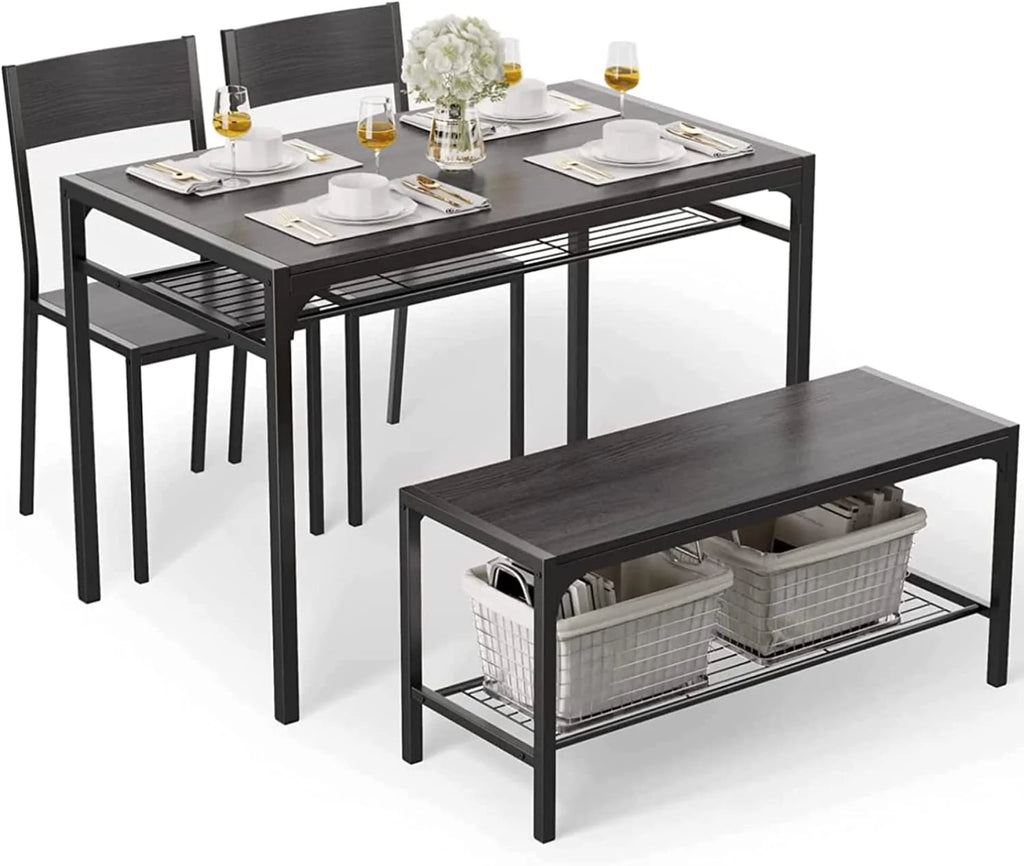 Black Kitchen Table with 2 Chairs and Bench with Storage Rack H992323