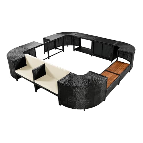Cream Beige Outdoor Rattan Sectional Sofa Set with Storage Spaces W524