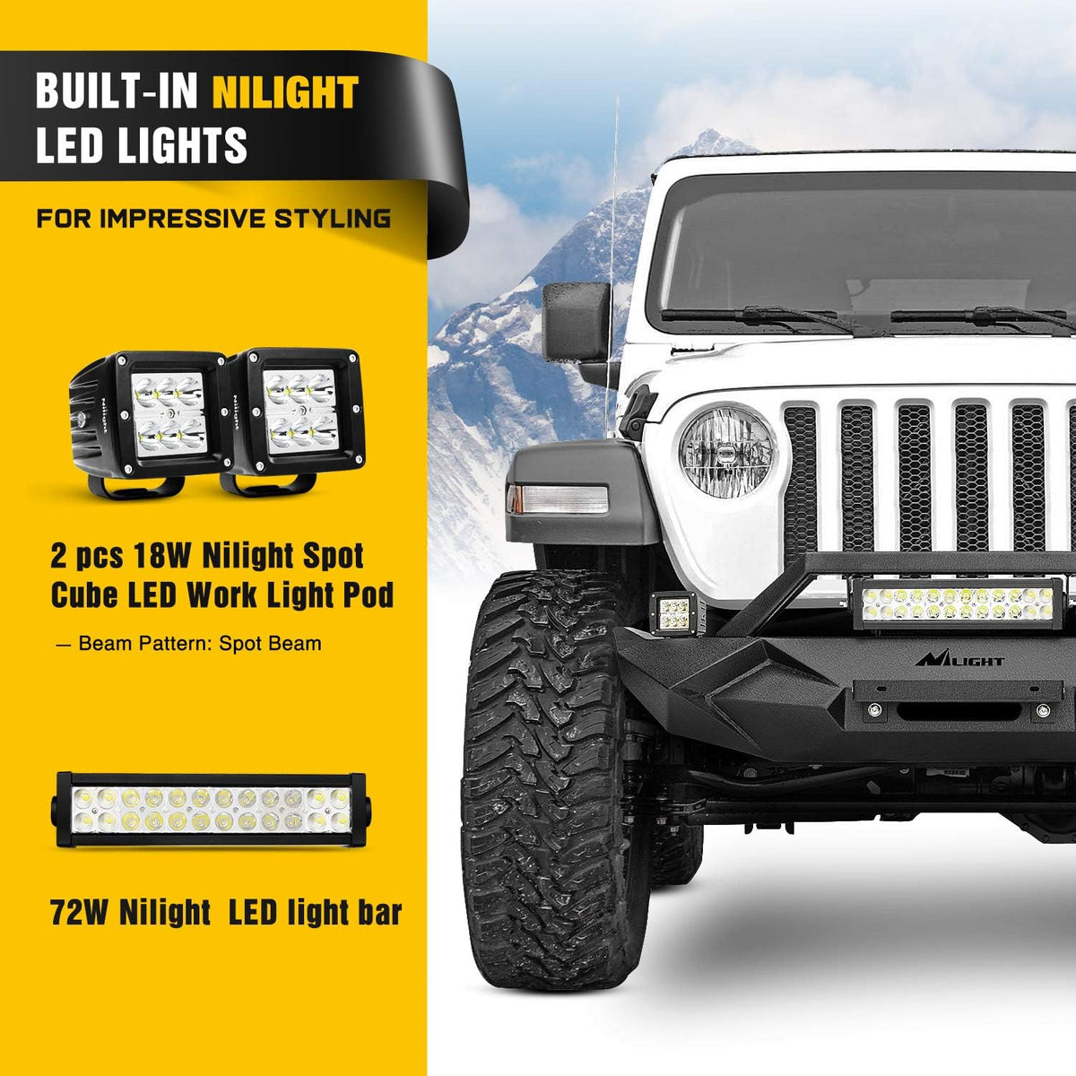 Front Bumper with Winch Plate with 72W LED Light Bar and 2 x 18W LED Work Light Pod G78025