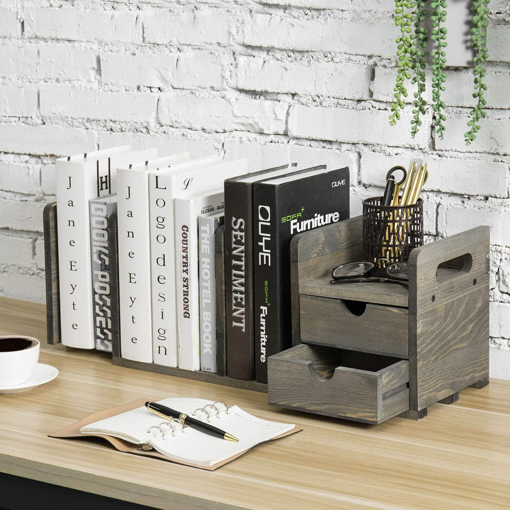 Vintage Gray Solid Wood Desktop Bookshelf Organizer with 2 Pullout Drawers H7127
