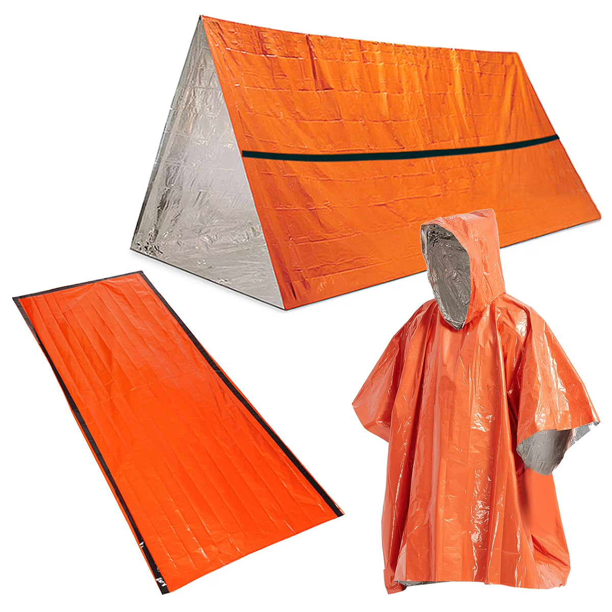 Hiking Emergency Kit Waterproof Heat Reflective Poncho Raincoat with Sleeping Bag and Tent Shelter N1296