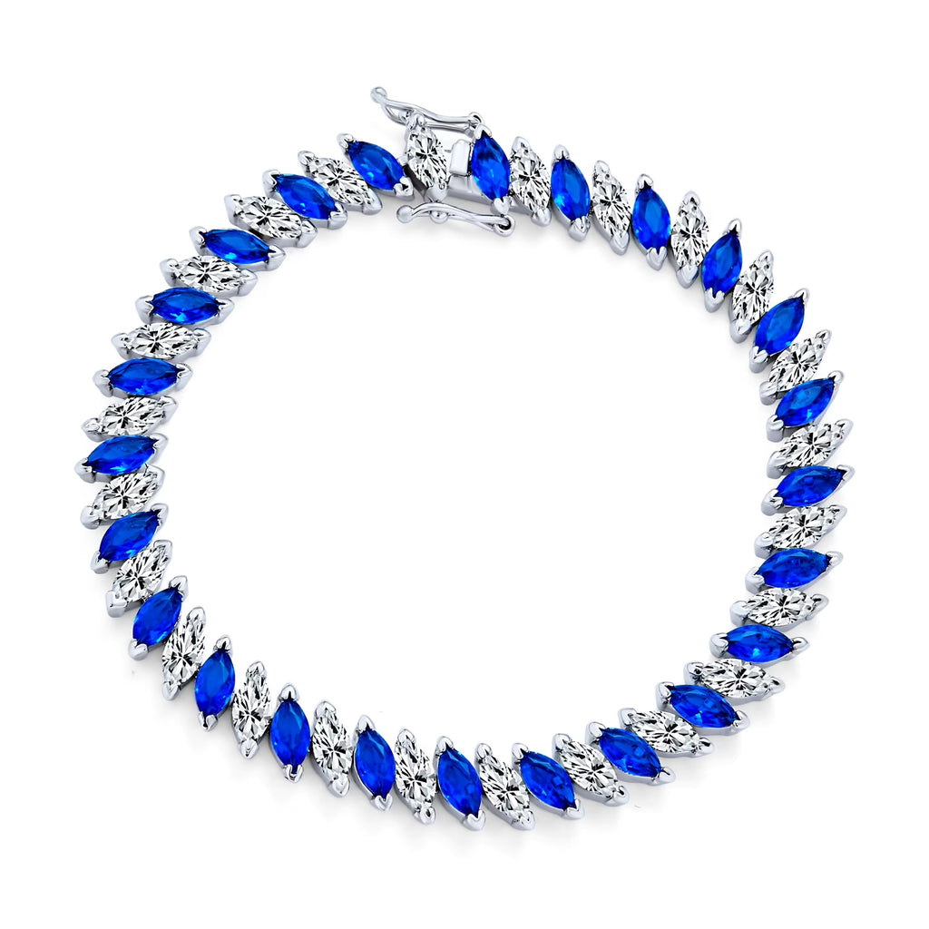 Blue White Marquise Cut CZ Tennis Bracelet Silver Plated J69580