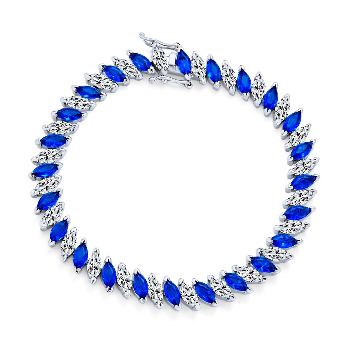 Blue White Marquise Cut CZ Tennis Bracelet Silver Plated J69580