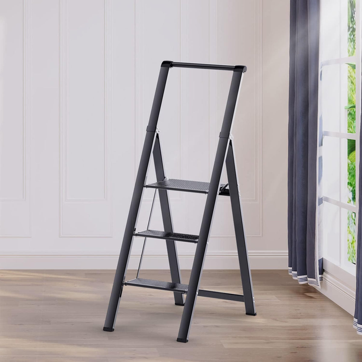 3 Step Folding Ladder with Handrail, Lightweight Aluminum Alloy Black, Anti-Slip Wide Pedal I35501
