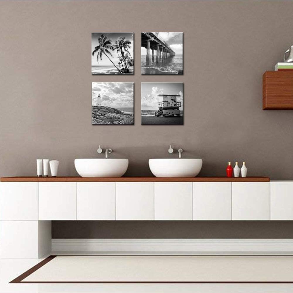 Black and White Beach Wall Art Florida Seascape Painting Lighthouse Lifeguard Tower Pier Picture Print Framed Artwork Ready to Hang O9580