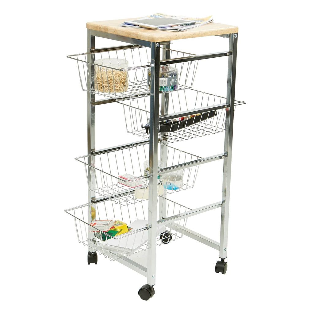 4 Tier Wire Basket Cart with Wood Surface H6945