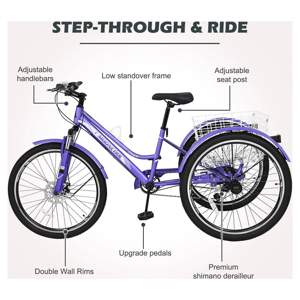 Adult Tricycle 7 Speed Three Wheel Bike with Shopping Basket K678
