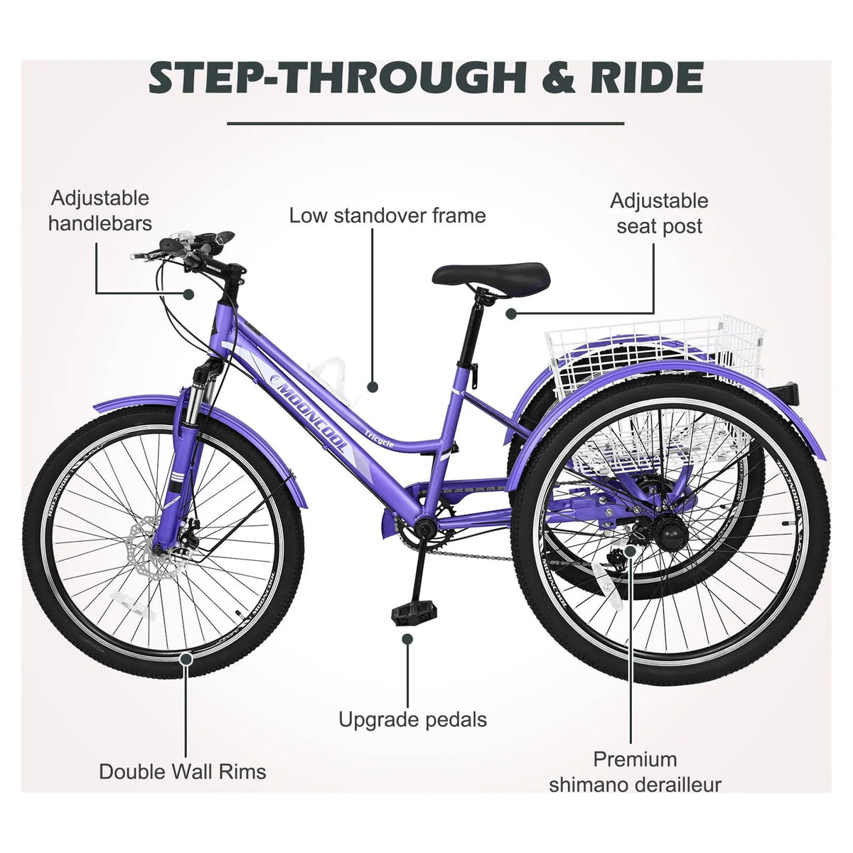 Adult Tricycle 7 Speed Three Wheel Bike with Shopping Basket K678