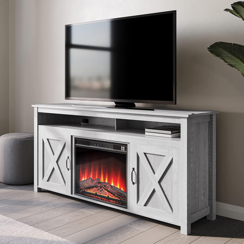 Gray Wash Barn Door Wood Electric Fireplace TV Stand W2788