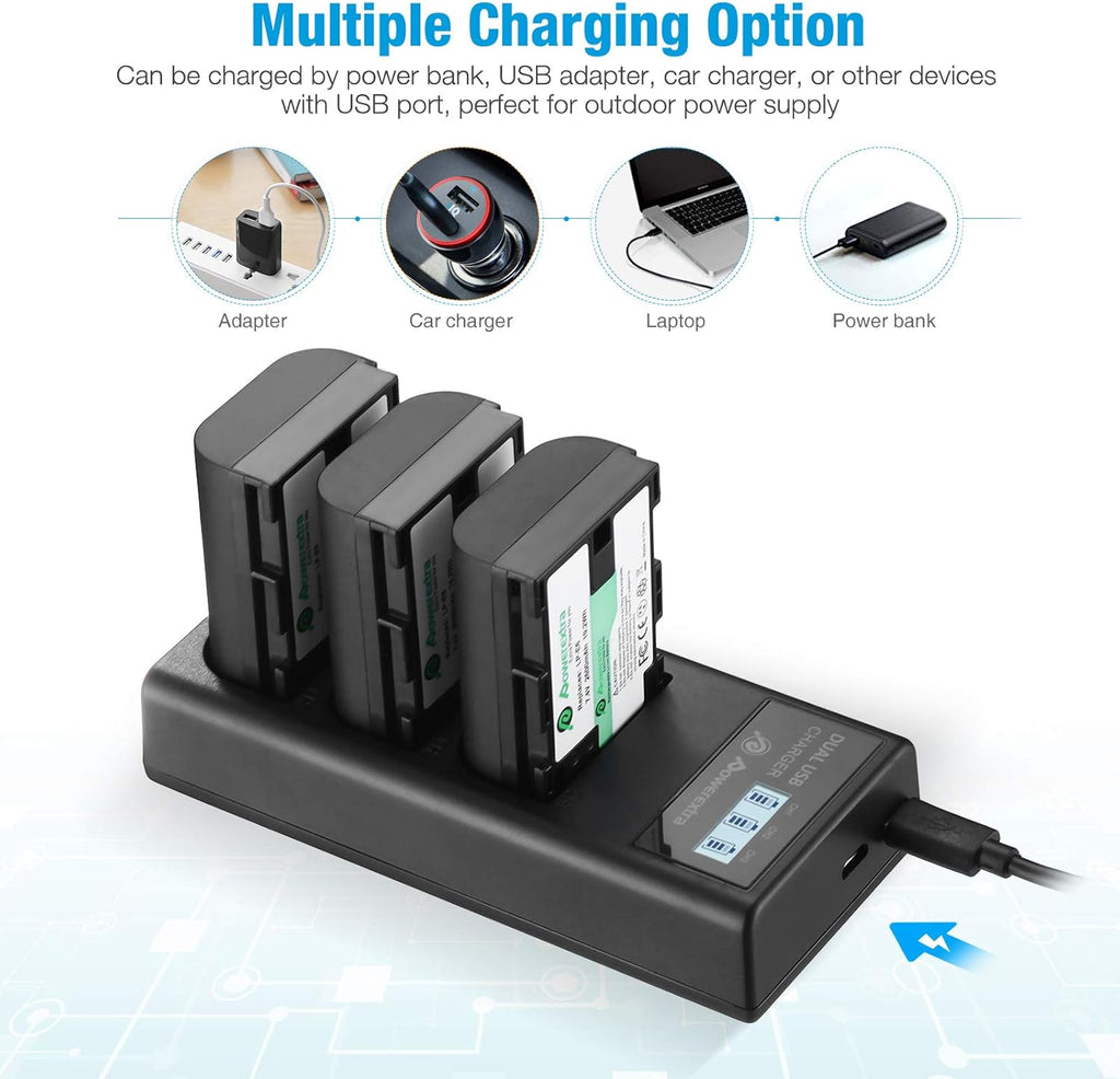 LP-E6 LP E6N Rechargeable Battery 3 Pack Batteries and 3 Channel Charger LCD Display Pack of 2 O20652