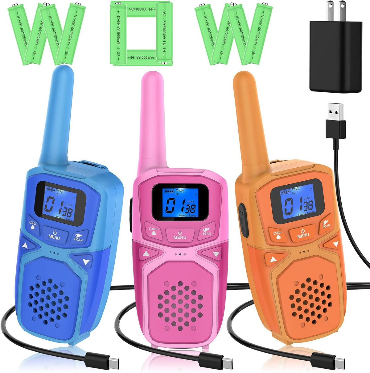 Rechargeable Walkie Talkies 4 Pack, 3 Miles Range (Blue Pink Green Orange) J2528