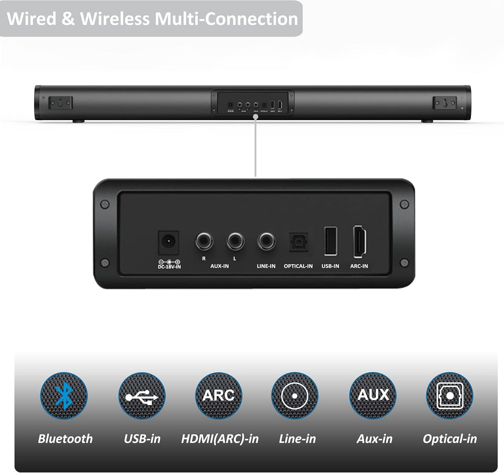 32 Inch 2.1ch Sound Bar with Dual Built-in Subwoofer, 120W, Bluetooth 5.0, HDMI/Optical/Aux/USB, Wall Mountable J432452