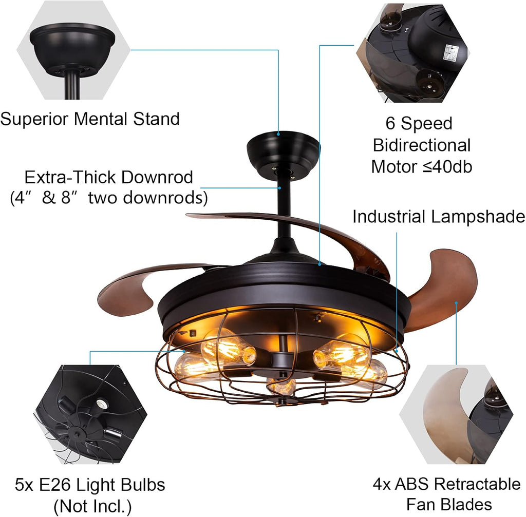 42'' Industrial Black Caged Ceiling Fan with Lights Remote Control R509979