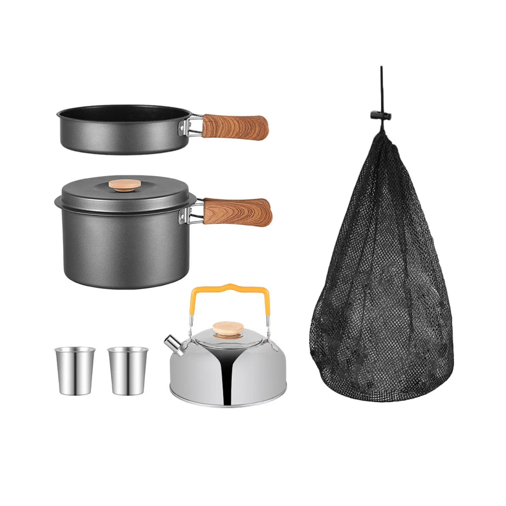 5x Gray Camping Cookware Set with Saucepan Drink Cup Pot Pan Kettle H33974