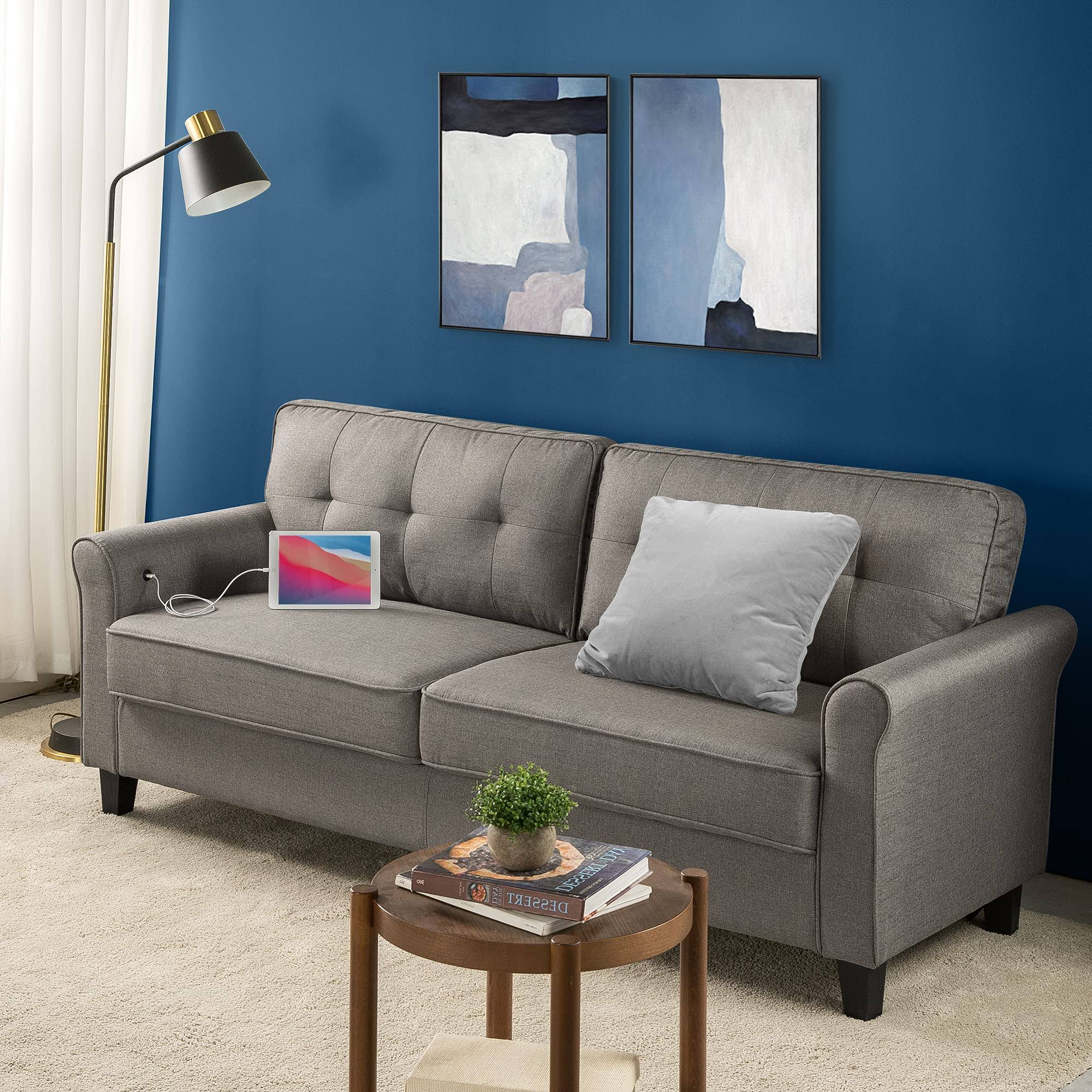 Grey Polyester 3-Seat Sofa with USB Ports J3883