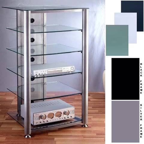 4 Black Poles 6 Frosted Glass Shelves AV Stand K843