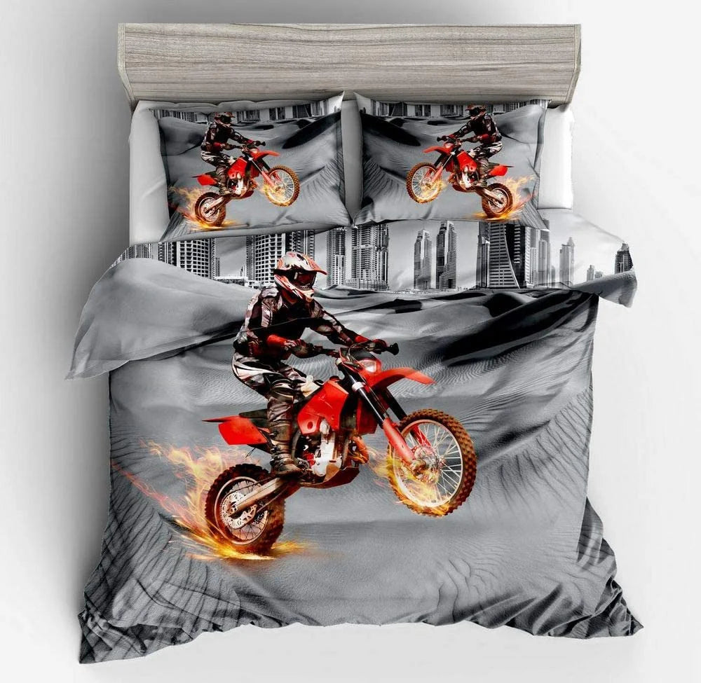 Red Dirt Bike Queen Size 3 Piece Duvet Cover Set with Pillowcases I67750