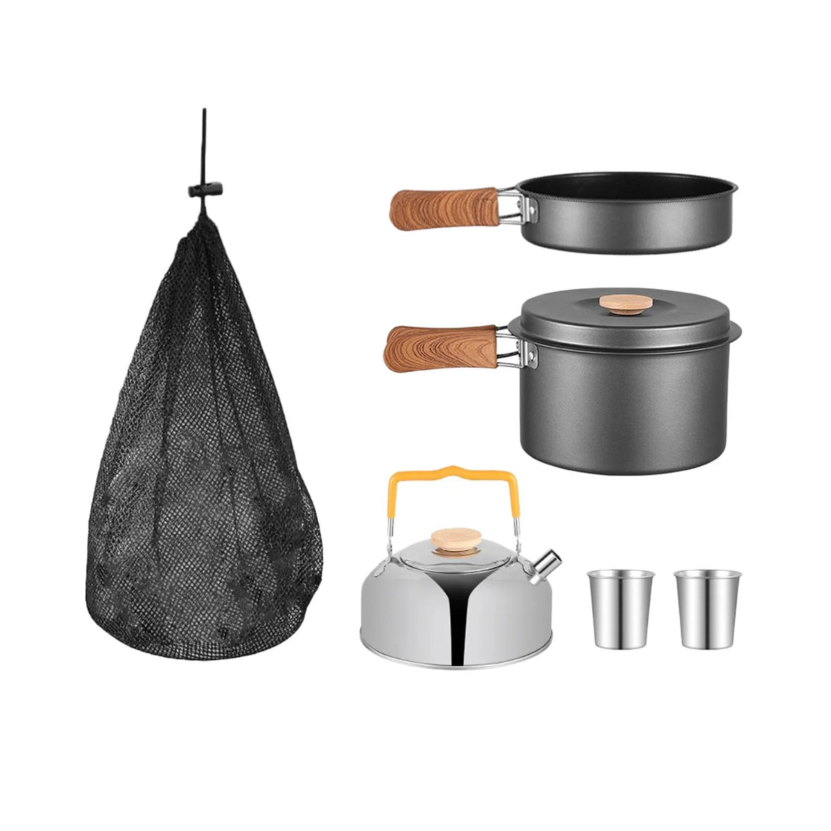 5x Gray Camping Cookware Set with Saucepan Drink Cup Pot Pan Kettle H33974
