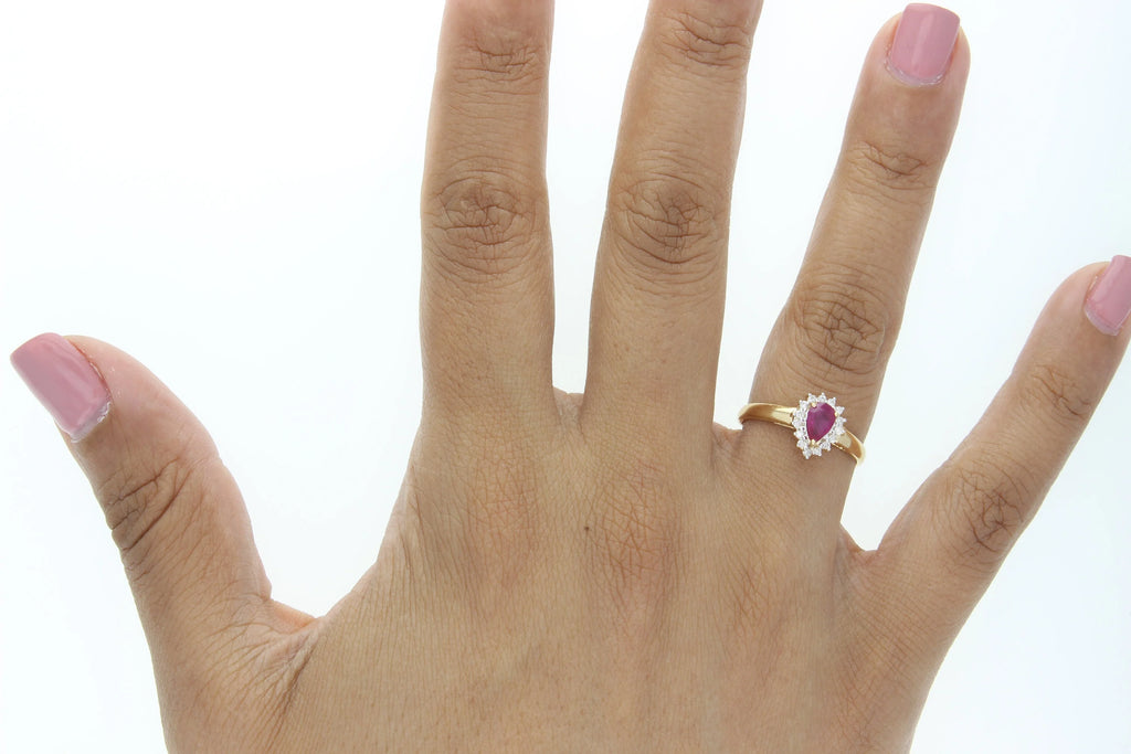 Pear Shaped Ruby Diamond Halo Engagement Ring 14K Yellow Gold J24904