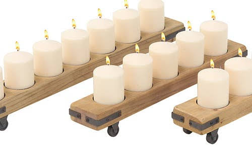 Rustic Fir Wood and Iron Candle Holders on Casters - Set of 3 B1496