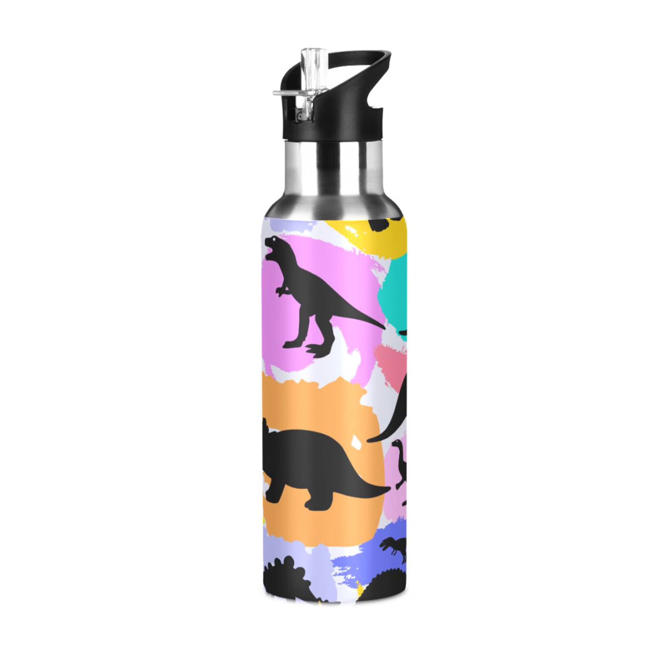 Black Dinosaurs Rainbow Stainless Steel Insulated Water Bottle with Straw Lid Y6715