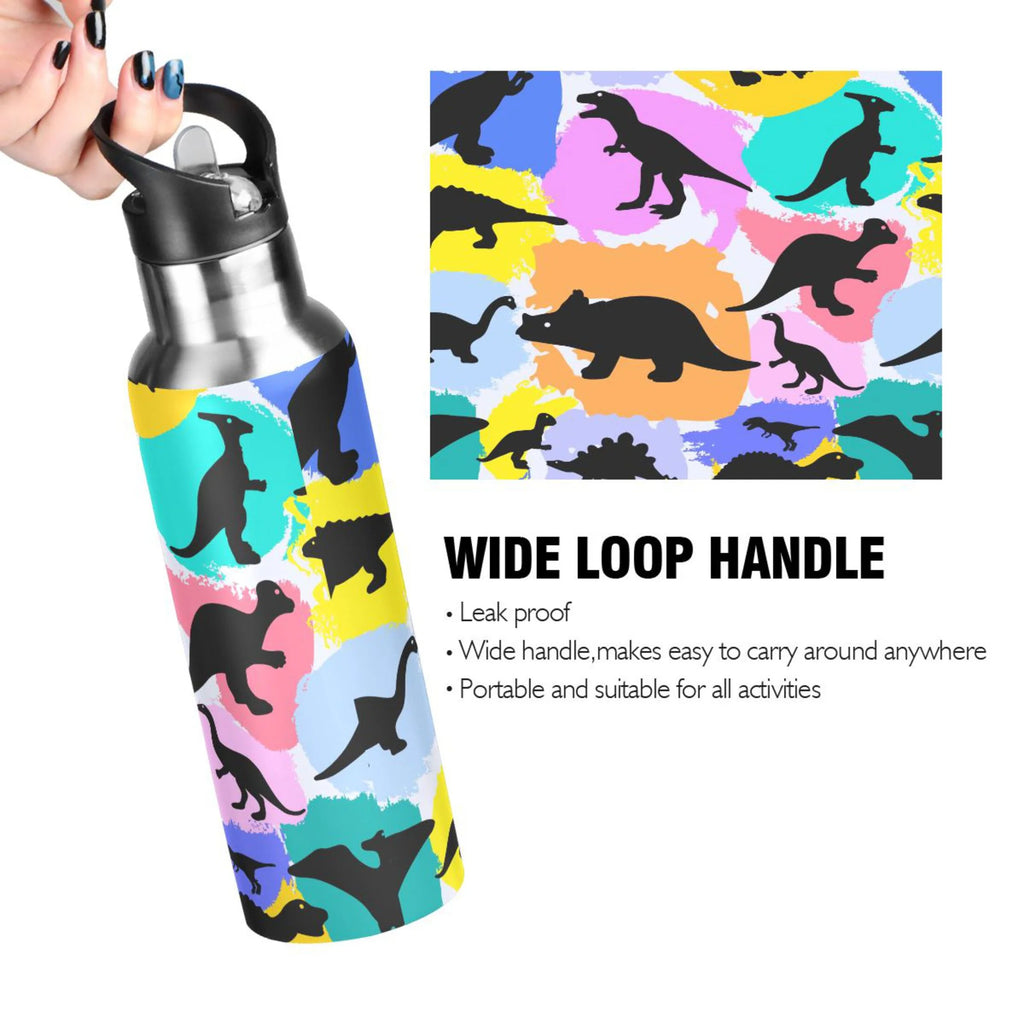 Black Dinosaurs Rainbow Stainless Steel Insulated Water Bottle with Straw Lid Y6715