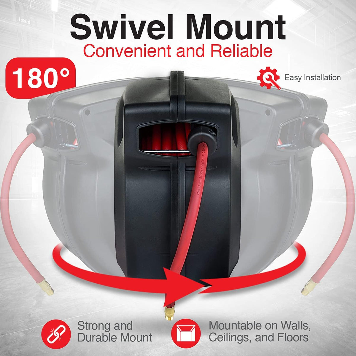 Retractable 3/8 Inch x 50' Foot Hybrid Polymer Red Air Hose Reel R6913