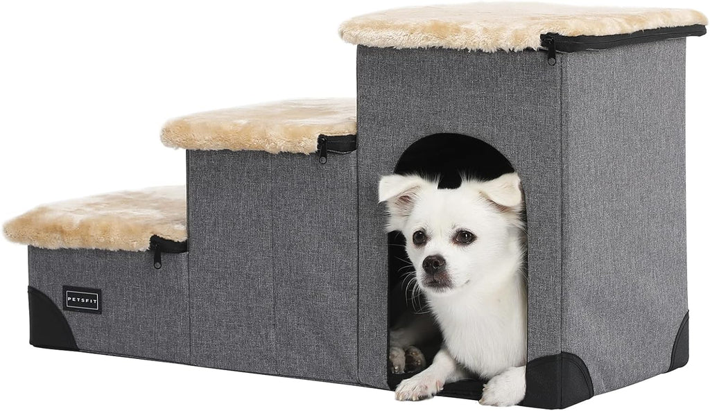 Brown Linen Foldable Pet Steps P6137