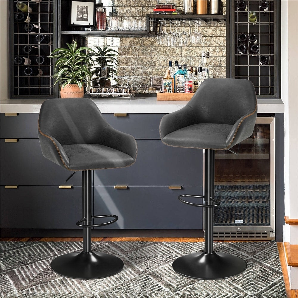 2pcs Vintage Adjustable PU Leather Upholstered Bar Stools Grey W87827