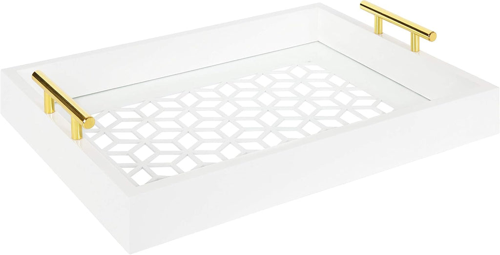 White and Gold Decorative Tray with Metal Handles B556904
