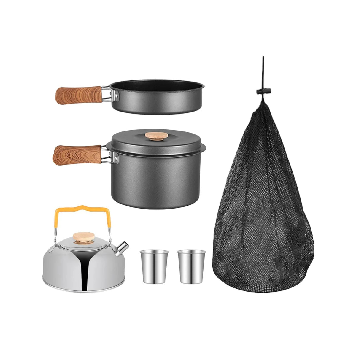 5x Gray Camping Cookware Set with Saucepan Drink Cup Pot Pan Kettle H33974