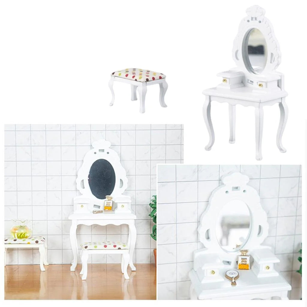White Dollhouse Table with Stool X627390