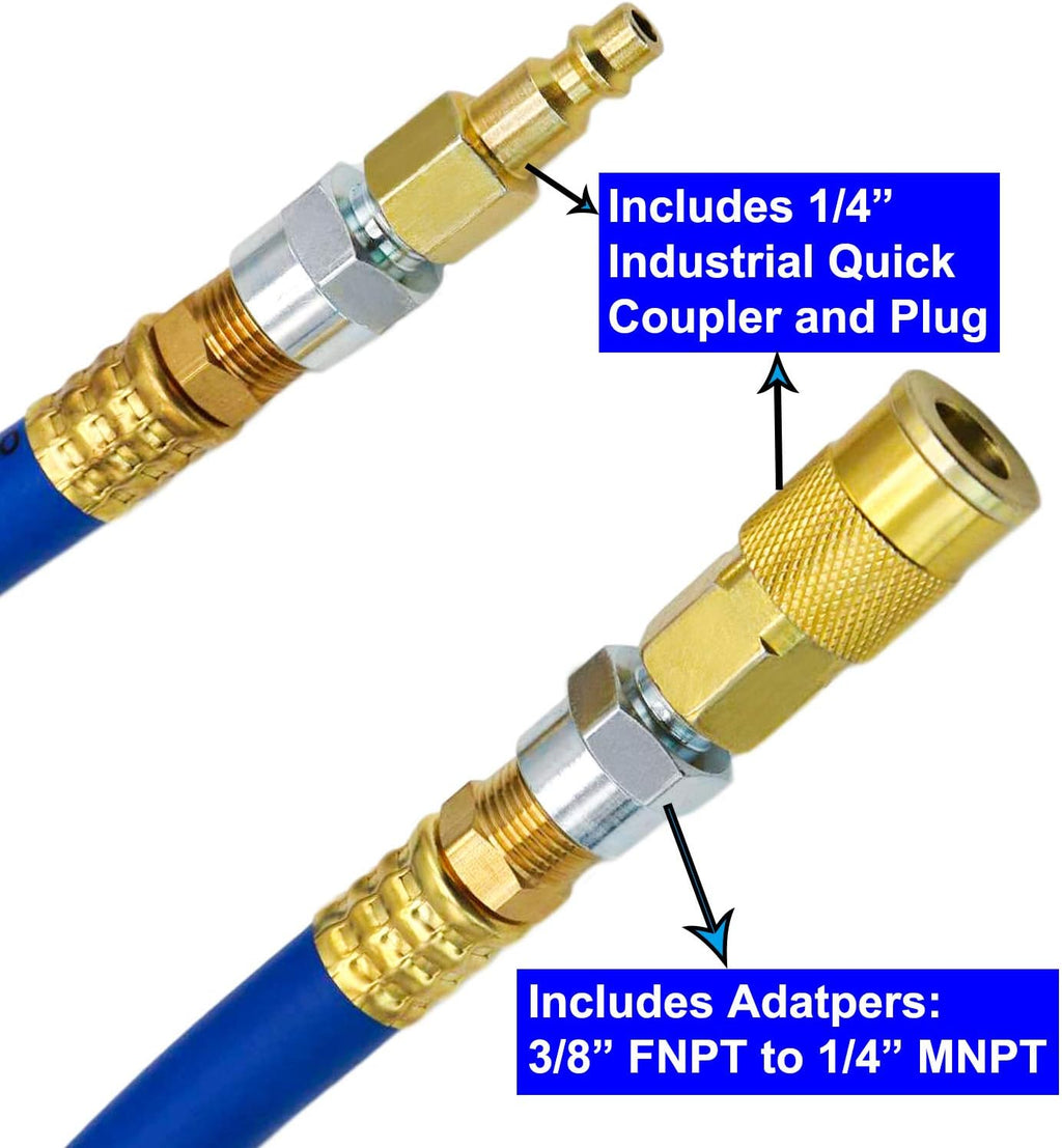 Hybrid Air Hose 1/2-Inch I.D. by 100-Feet Long Solid Brass Fittings 300 PSI Heavy Duty Lightweight Kink Resistant with 3/8" and 1/4" Industrial Quick Coupler Connectors Blue Y793119