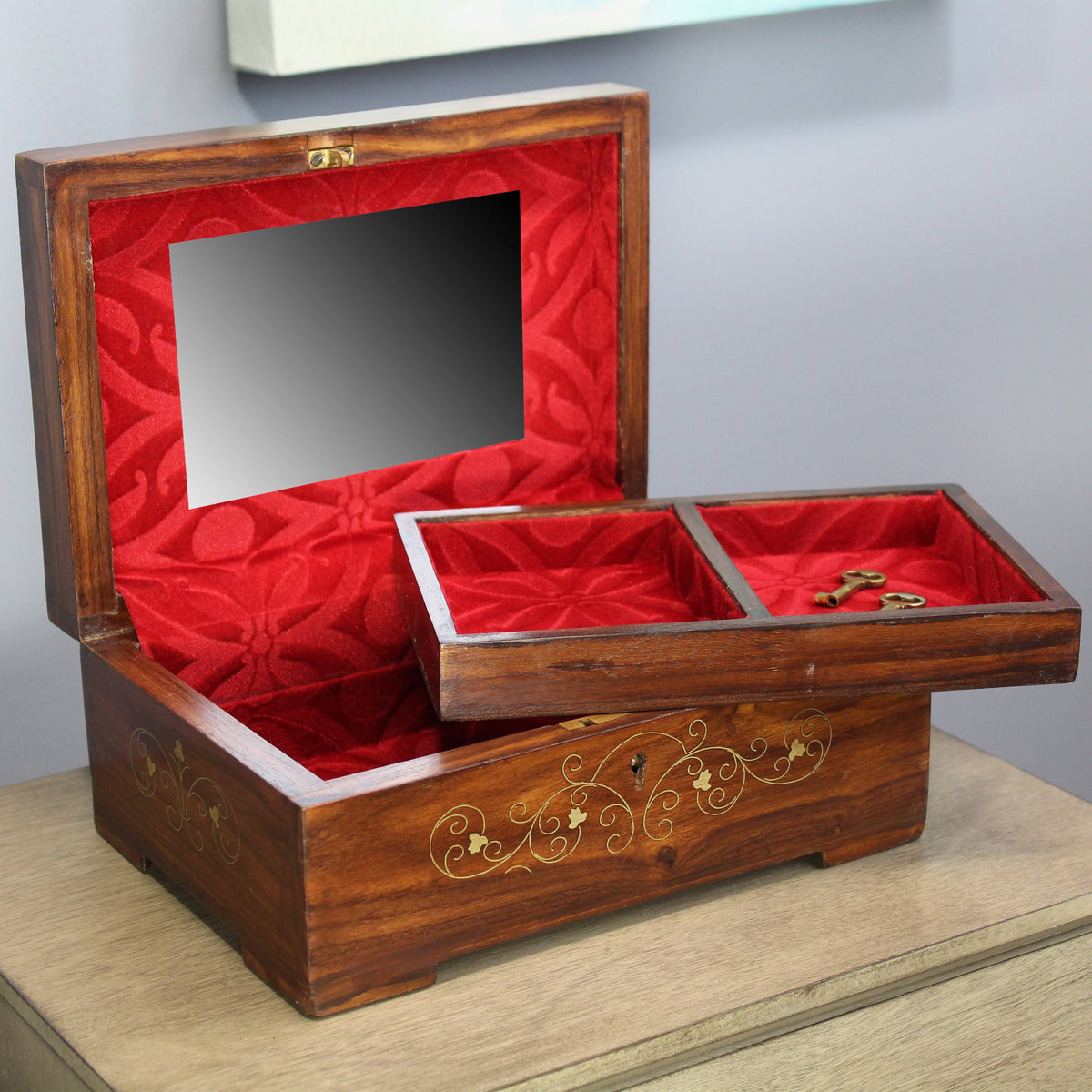 Rosewood Carved Wooden Decorative Box with Key I1246