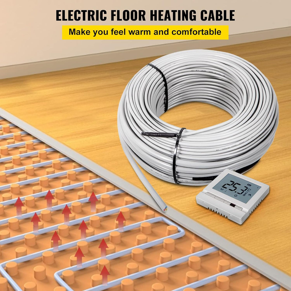 Floor Heating Cable 145.3 Square Feet Waterproof Insulated Temperature Control Panel Pack of 2 U2752