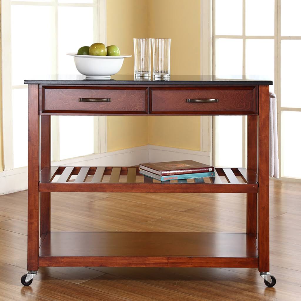 Solid Black Granite Top Kitchen Cart with Stool Storage Y5691