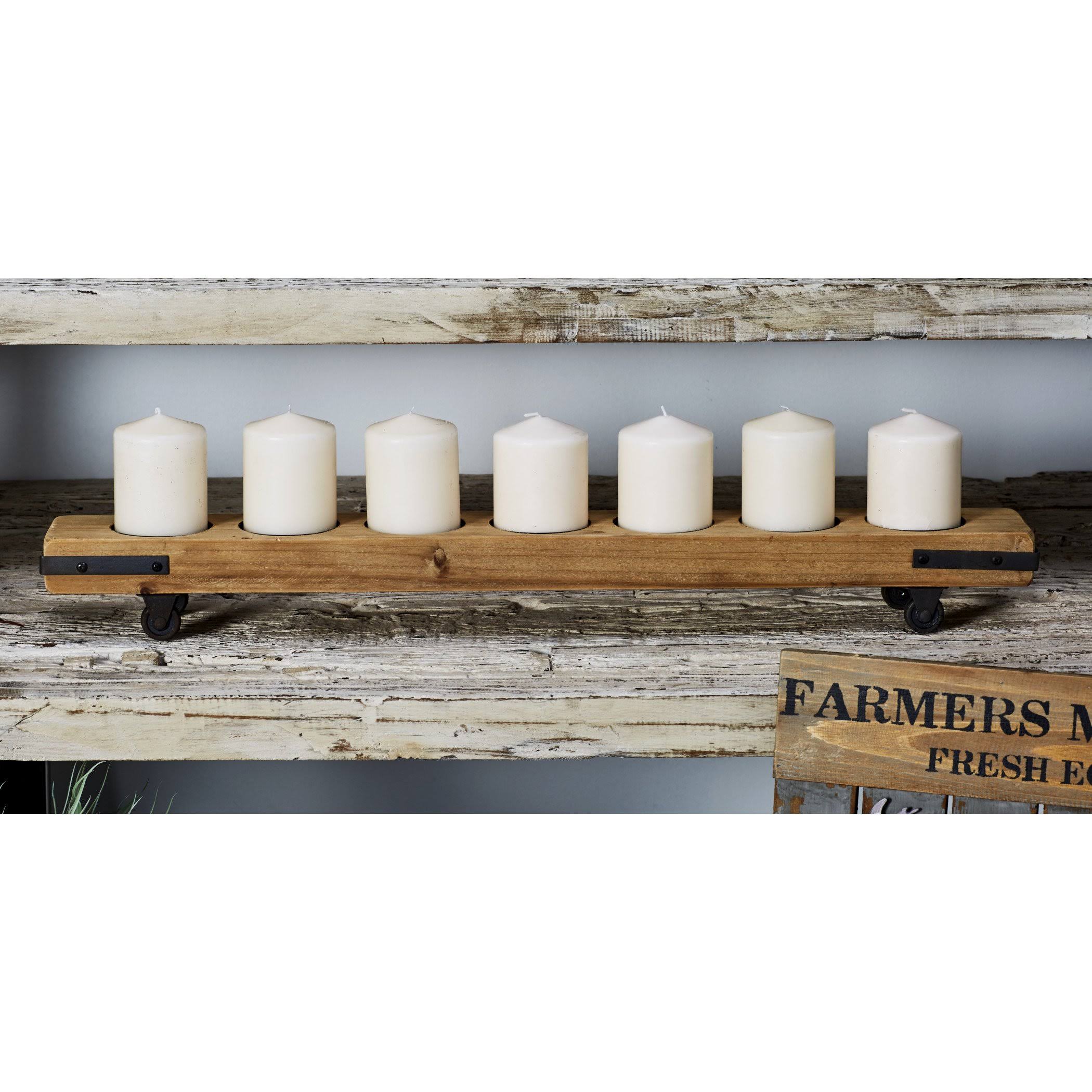 Rustic Fir Wood and Iron Candle Holders on Casters - Set of 3 B1496