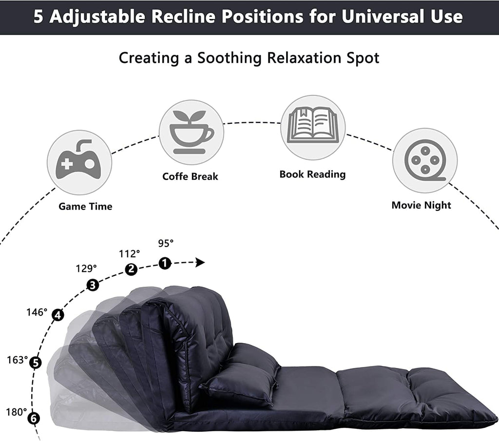 Adjustable Floor Sofa Bed with 2 Pillows, 5 Reclining Position, Black P554943