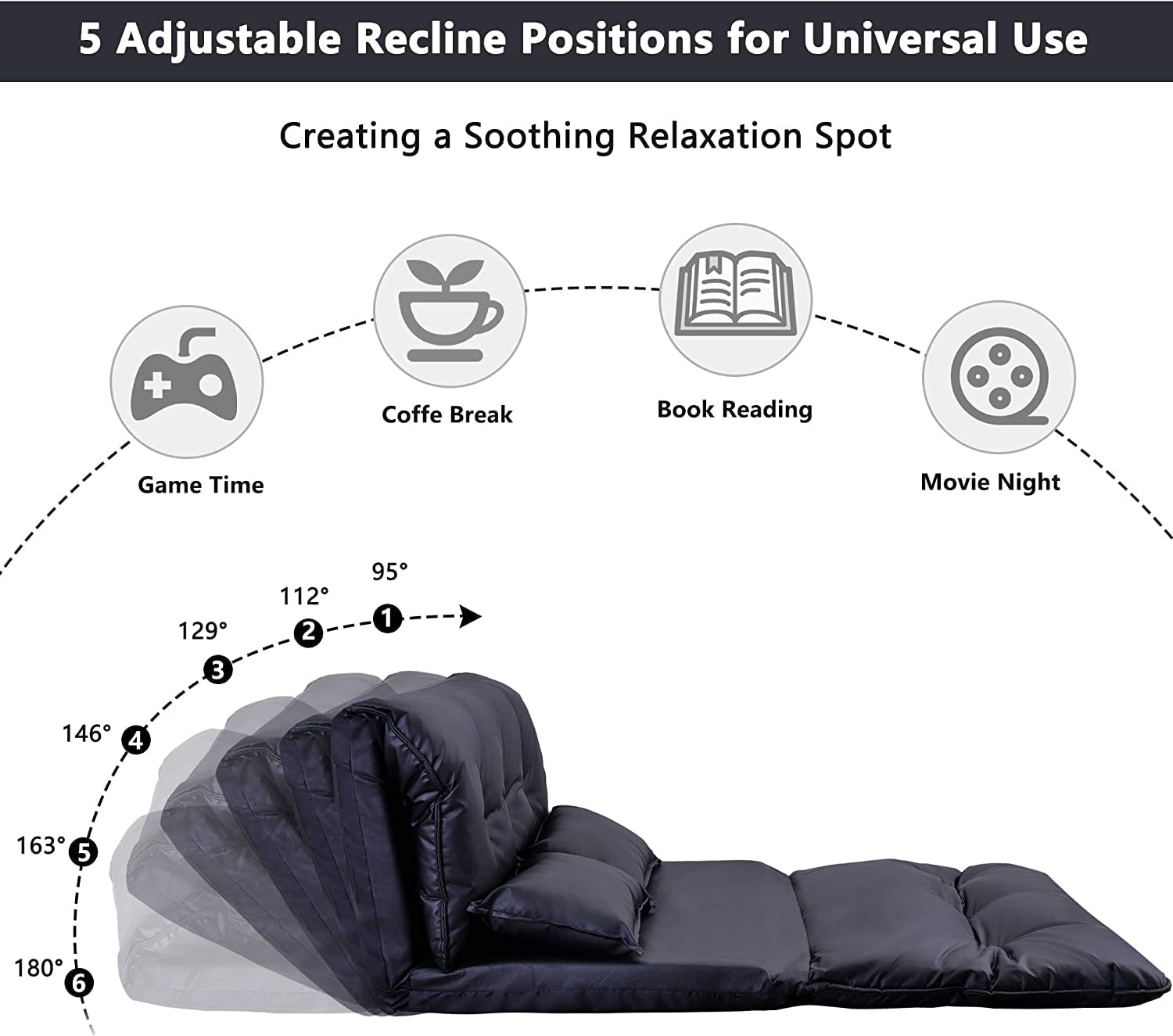 Adjustable Floor Sofa Bed with 2 Pillows, 5 Reclining Position, Black P554943