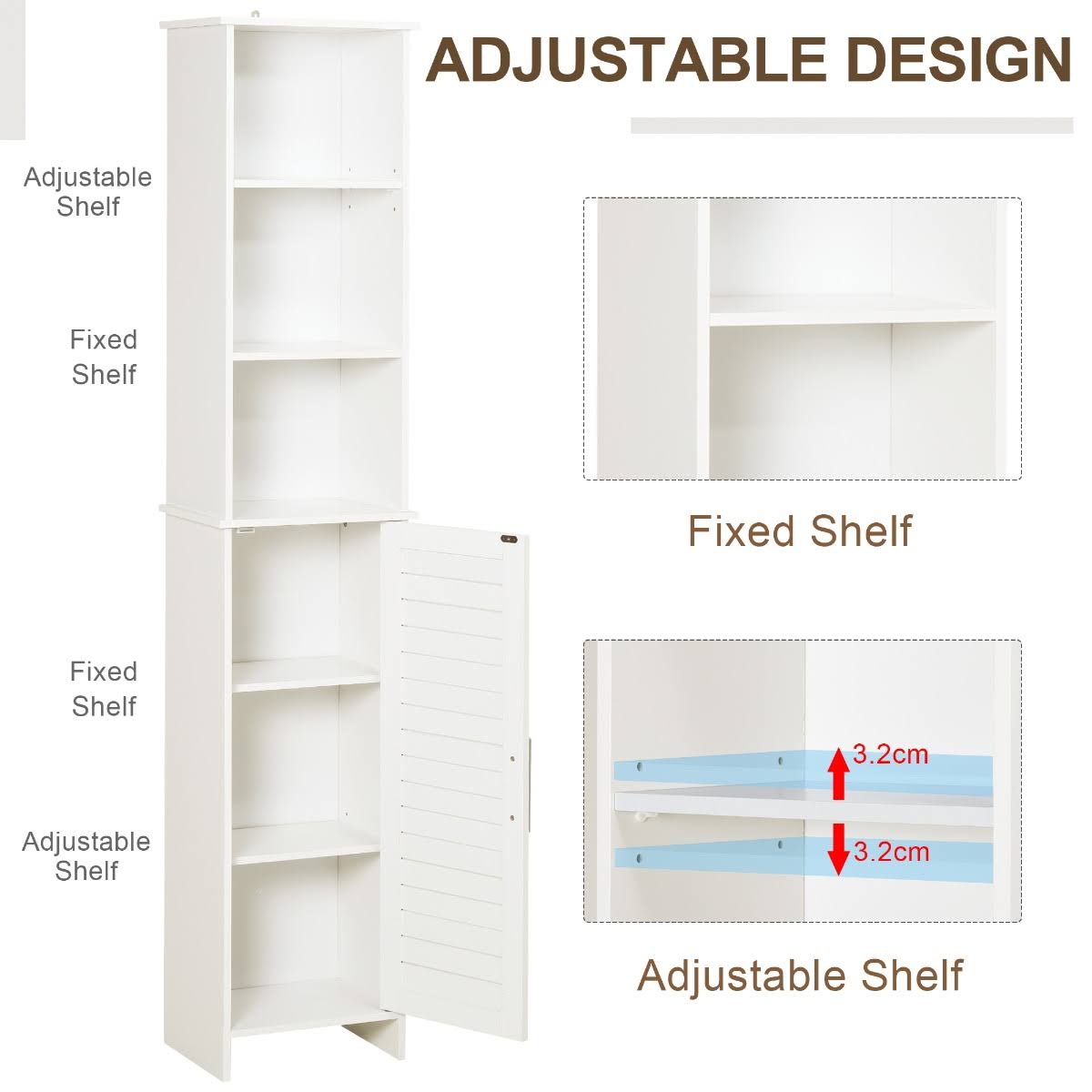 White Tall Storage Cabinet with Door and Open Shelves V20698