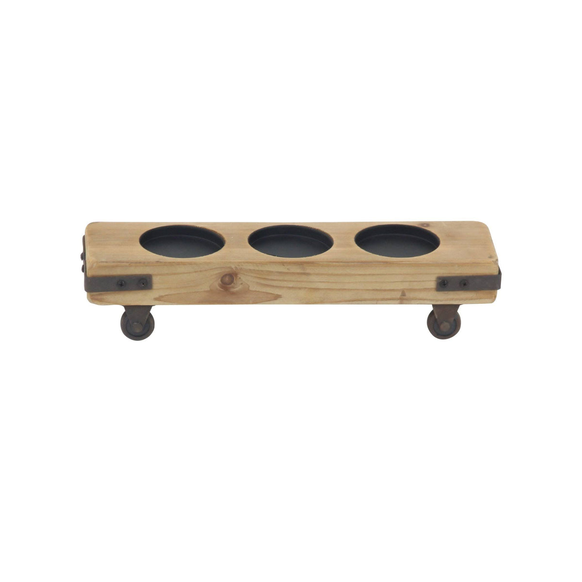 Rustic Fir Wood and Iron Candle Holders on Casters - Set of 3 B1496