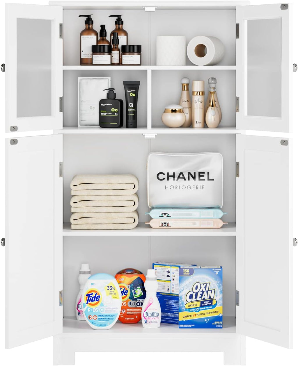White Wooden Bathroom Cabinet with Doors and Adjustable Shelves B55016