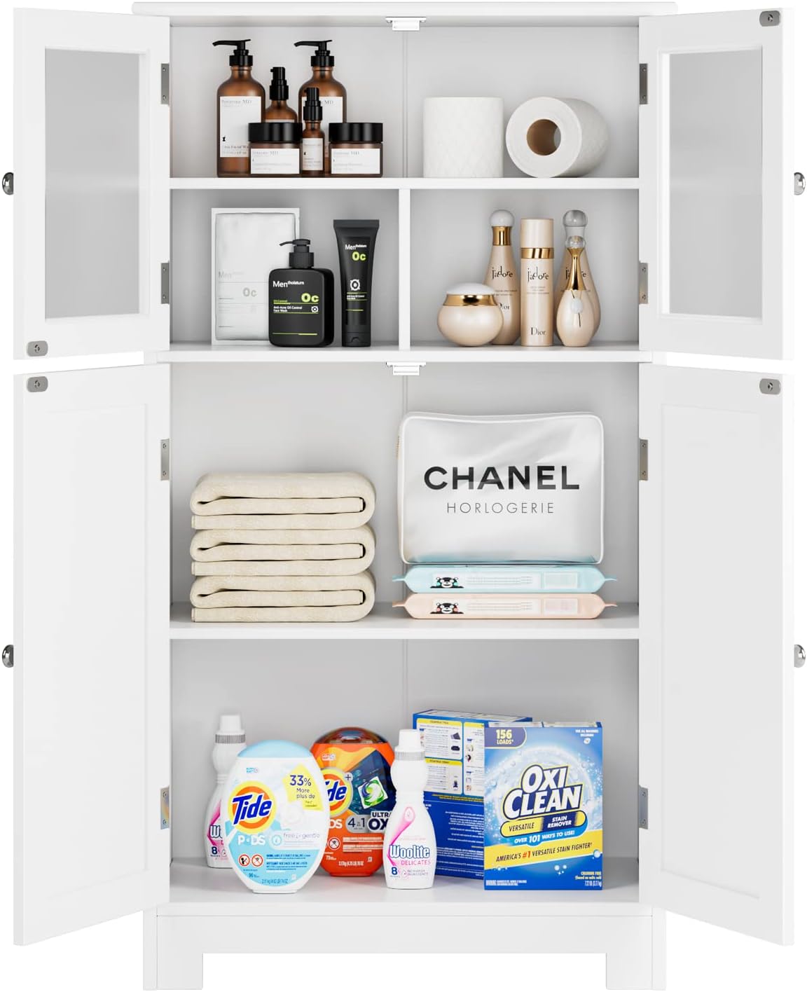 White Wooden Bathroom Cabinet with Doors and Adjustable Shelves B55016