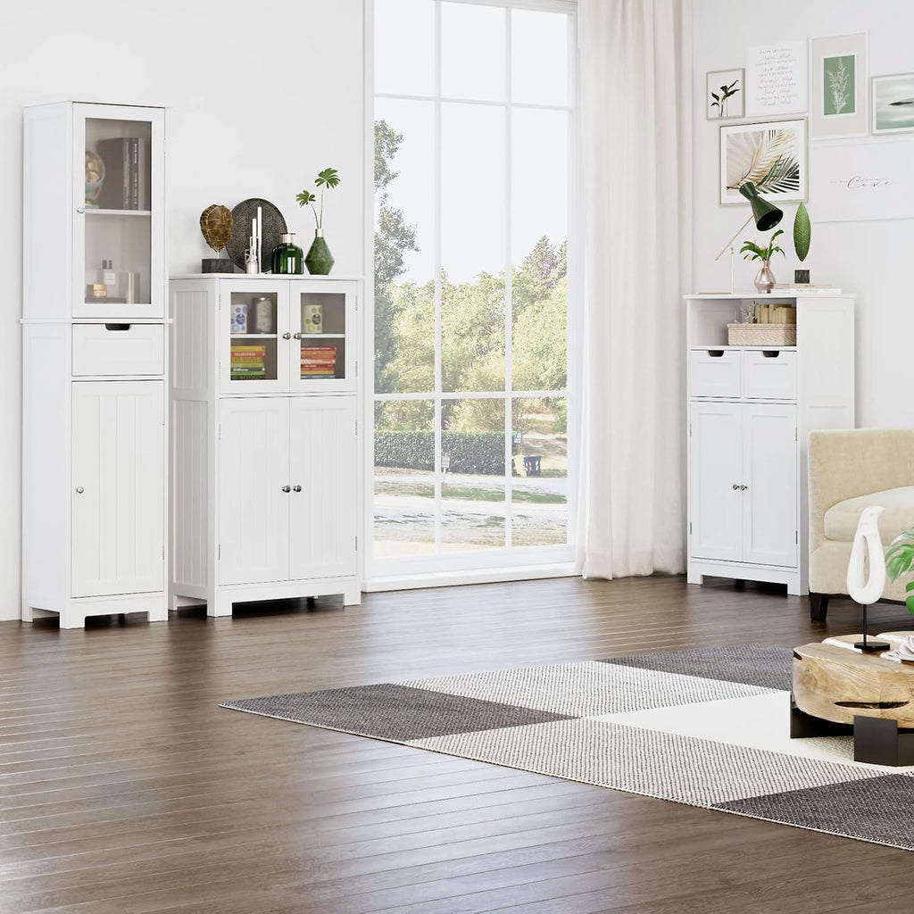 White Wooden Bathroom Cabinet with Doors and Adjustable Shelves B55016