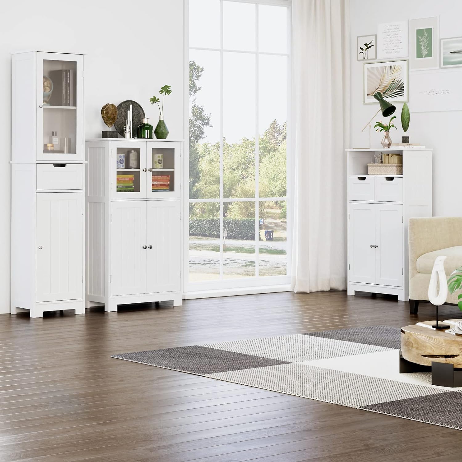 White Wooden Bathroom Cabinet with Doors and Adjustable Shelves B55016